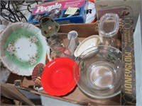 BOX LOT OF BOWLS,VINTAGE PLATE, VASE, SNOWMAN MISC