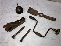 Antique Plane/Hand Drill/Oil Can/Spikes KB