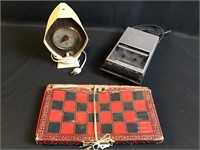 Vintage clock, tape recorder, checkers