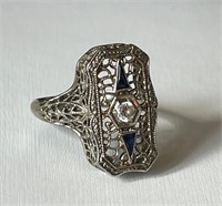 18k white gold art deco diamond & topaz ring