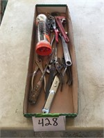 Box of miscellaneous tools-- crescent wrench, pipe