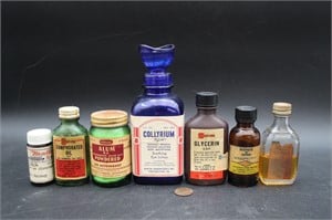 7 Vintage Pharmacy & Medicine Labeled Bottles
