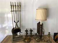 Assortment of brass items including wood and