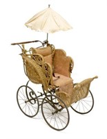 VICTORIAN WICKER BABY CARRIAGE PRAM W/ PARASOL