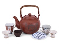 Teapot Japanese Terracotta and Misc. Cups
