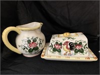 VINTAGE CERAMIC CHEESE DISH & 4 “ PITCHER