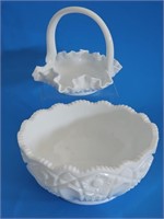 VTG FENTON MILK GLASS BASKET AND BOWL-NICE SET