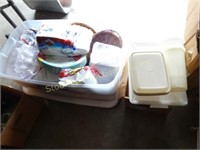 Tupperware & paper products in plastic tote