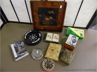 Tray w/Misc Items, playing cards, music box, etc