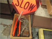 Wood box w/rope, Slow/Stop sign, emergency