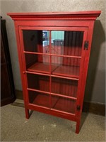 Vintage Red Wooden Cabinet with Glass Doors