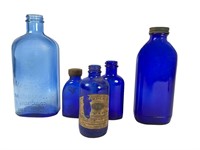 5 Blue Glass Medicine / Apothecary Bottles