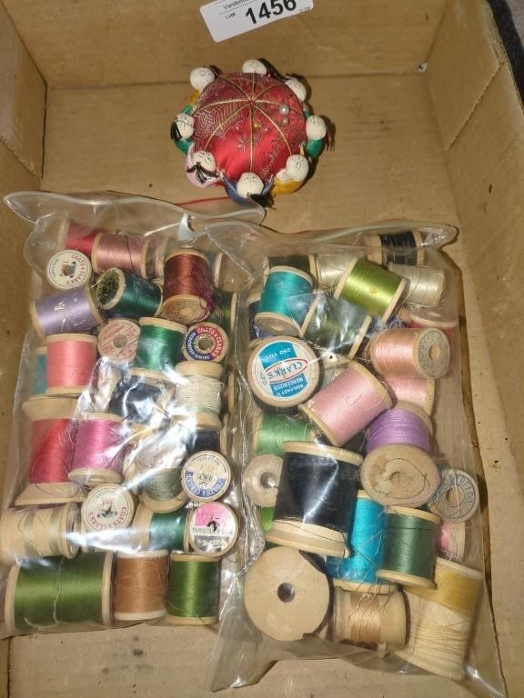 Vintage thread spools, and unique Asian pin