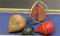 3 Antique Wooden Spinning Tops, and Gyro Top