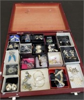 Wood Box w/ Assorted Costume Jewelry & Pins