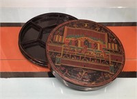 Vtg. lacquered wood divided dish with lid