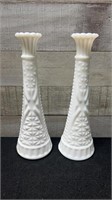 2 Vintage Milk Glass Bud  Vases 9.5" Tall