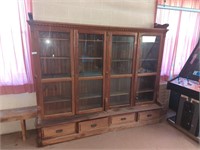Large wooden cabinet with glass in doors 8ft W x
