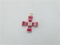 10K Gold Red Spinel ? Diamond Cross Pendant