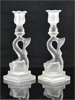 PAIR OF FROSTED GLASS FIGURAL CANDLE STICKS