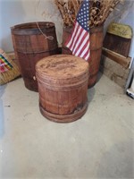 (2) Decorative Nail Kegs & (1) Wooden Bucket