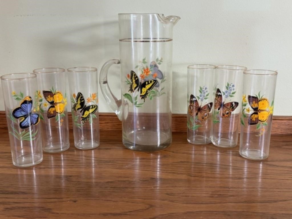 Butterfly Pitcher & 6 Matching Glasses