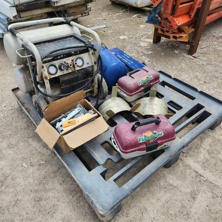 Air compressor as is, air tank, tackle boxes, etc
