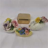 Gold plated trinket box and 3 ceramic bouquets