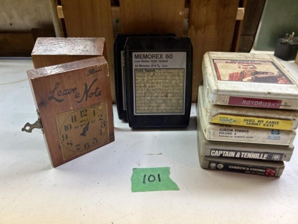 5 - 8 track tapes 2 - Memorex tapes & wooden note