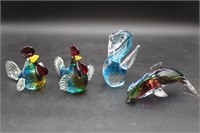 Glass Rooster, Swan, Dolphin Figurines