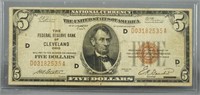 1929 $5 National Currency Note Cleveland Ohio