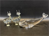 3 Crystal Figurines, Whale & 2 Antelope -