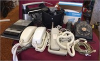 Old telephones, rotary phone, binoculars, radio,