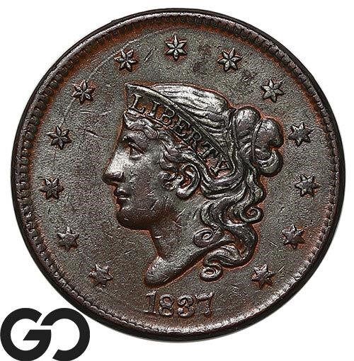 1837 Coronet Head Large Cent, Nice AU++!