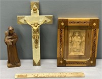 Carved Wood Icon; Figure & Crucifix Christianity