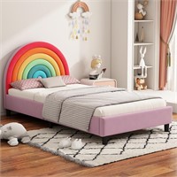 Cute Twin Upholstered Bed  Rainbow Headboard