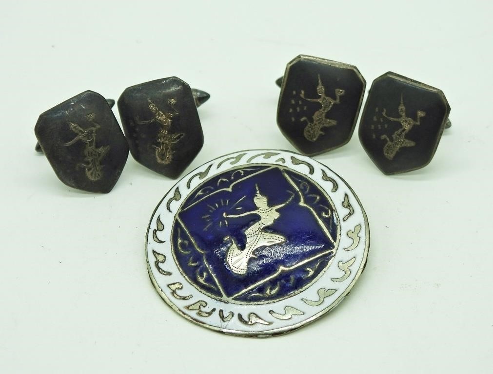 SIAM STERLING CUFF LINKS & BROOCH