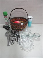 NICE BASKET, CANDLE HOLDERS, CUTLERY AND MORE
