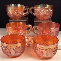 (6) Fenton Orange Grapevine Punch Bowl Cups