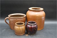 4 Primitive Stoneware, Early Fruit Jar Crocks