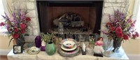 Home decor, vases, and dishes on hearth