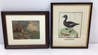 2 colored etchings, one 12x14 farm scene and