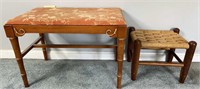 Vintage Wooden Bench W/ Upholstered Seat & Stool