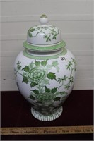 Vintage Green Flowered Porcelain Urn
