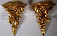 Pair vintage carved wood gilded sconces