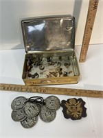 Tin box with medallions/ buttons/ pins- see