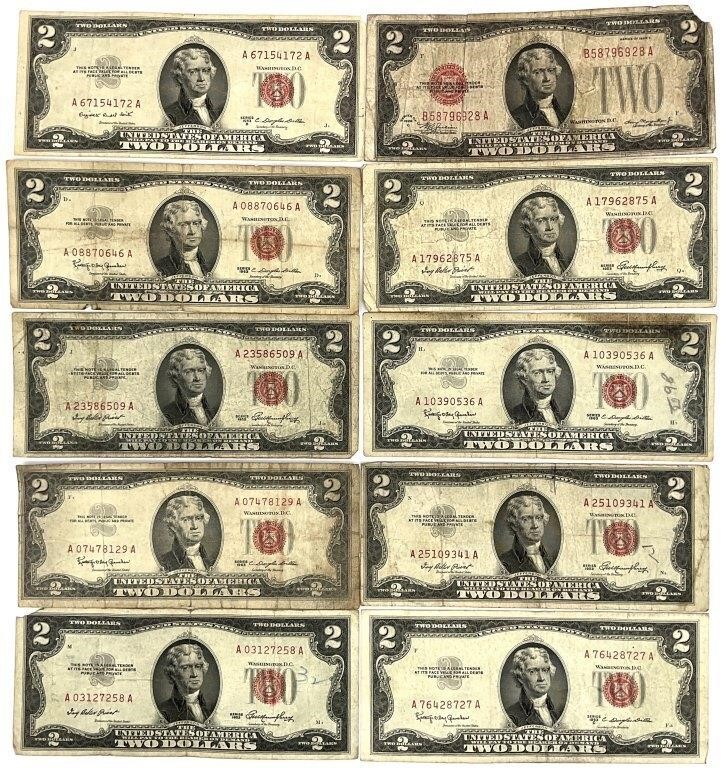 10 $2 US Notes w/ Red Treasury Seal