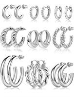 9 pairs of silver toned hoop earrings assorted