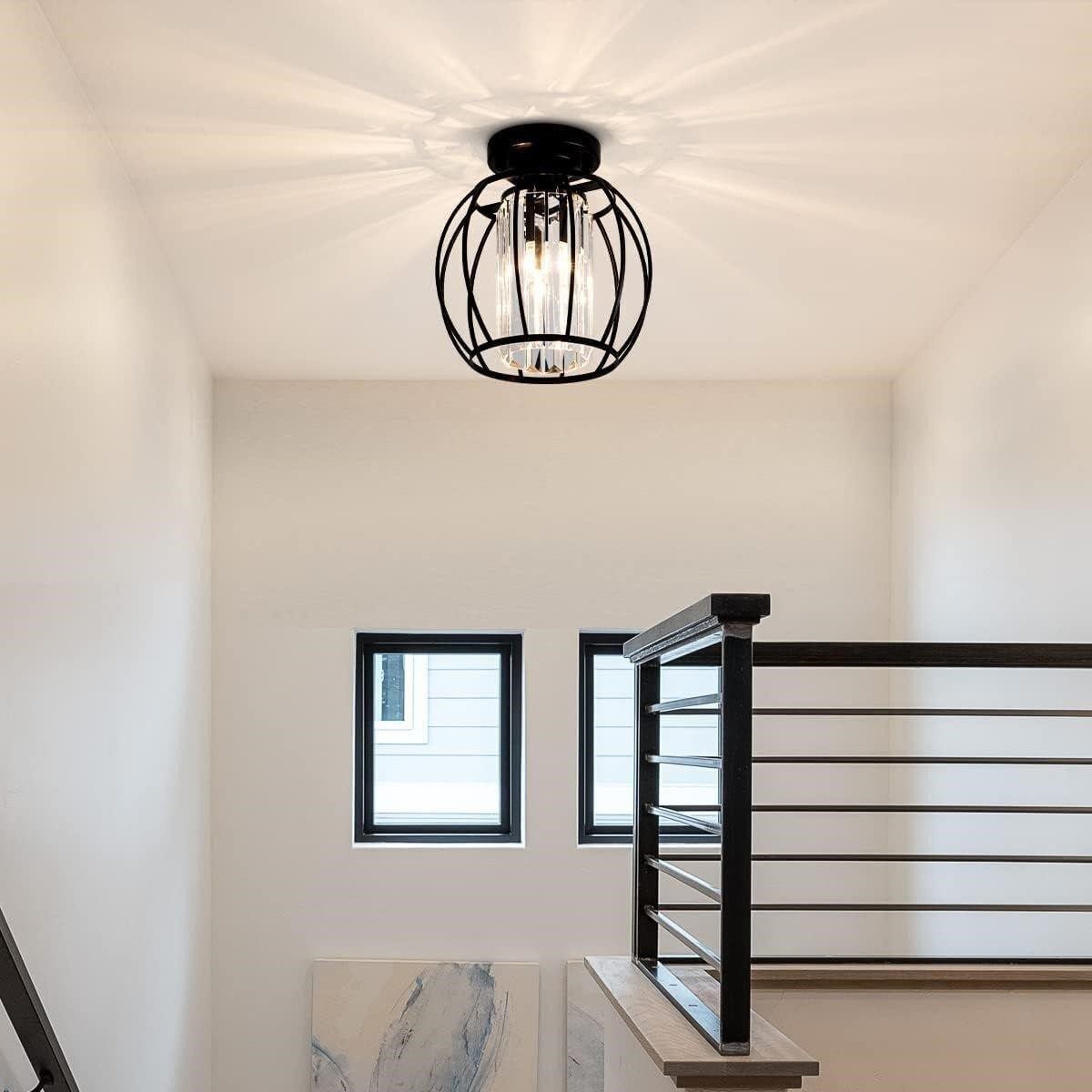 Modern Crystal Black Metal Cage Semi-Flush Light