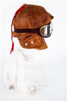 WWI Era Flight Helmet Red Ribbon & Goggles